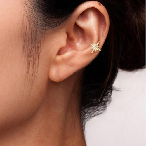 Star 14K Gold Plated Ear Cuff Earrings for Women Non Piercing, Dainty Silver Plated Clip on Cartilage Ear Cuff Non Pierced Trendy CZ Northstar Starburst Sparkling Climber Clawer Earring Jewelry - style: Starburst-Gold