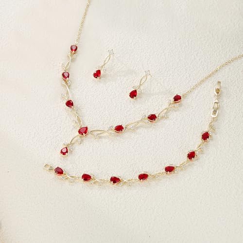 Crysdue Wedding Jewelry Set for Brides Bridesmaid, Cubic Zirconia Teardrop Marquise Leaf Cluster Pendant Necklace Bridal Tennis Bracelet Drop Earrings for Women Party Prom - style: A- CZ set-red, gold