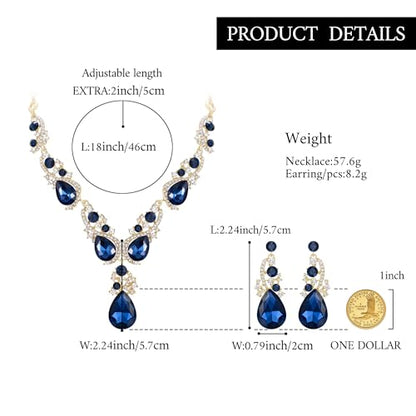 Women's Wedding Bridal Crystal Multi Teardrop Cluster Statement Necklace Dangle Earrings Set - color: Sapphire Color Gold-Tone