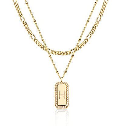 Gold Initial Necklace for Women 14K Gold Plated Figaro Chain Choker Layered Necklaces Set Bar Rectangle Pendant Necklaces Simple Dainty Letter Necklace Everyday Gold Jewelry - style: Letter H