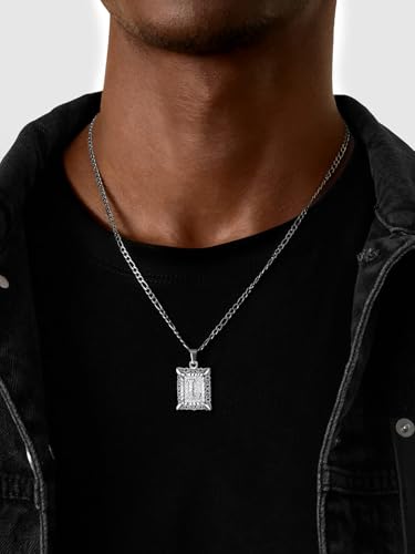 U7 Initial Letter Necklace for Men Women, 14K Gold/Silver Plated Square Capital Monogram Pendant Necklace from A-Z with 22+2 Inch Figaro Chain, Personalized Jewelry for Him - color: Silver, style: L