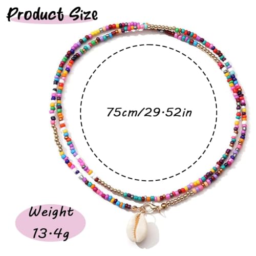 Boho Beaded Choker Necklace with Cowrie Shell Pendant – Colorful Seed Bead Layered Beach Necklace for Women, Buckle
