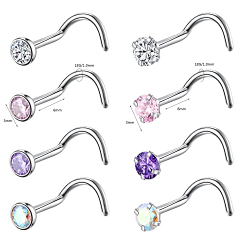 8PCS G23 Titanium Twist Screw Nose Studs 18G 20G Nose Rings 2mm 2.5mm 3mm Clear Pink Purple Aurora CZ Gold Nose Piercing Studs Nostril for Women Men - style: 18g silver mix-color cz 3mm