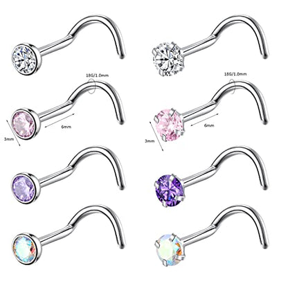 8PCS G23 Titanium Twist Screw Nose Studs 18G 20G Nose Rings 2mm 2.5mm 3mm Clear Pink Purple Aurora CZ Gold Nose Piercing Studs Nostril for Women Men - style: 18g silver mix-color cz 3mm