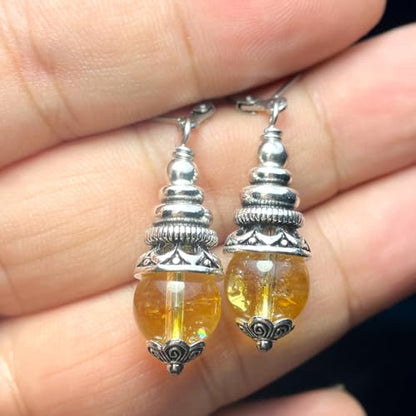 Natural 10mm Stone Beads Drop Earrings,Retro Silver Round Quartz Crystal Gemstone Beads Dangle Earrings for Women - color: A15_Crack Citrine