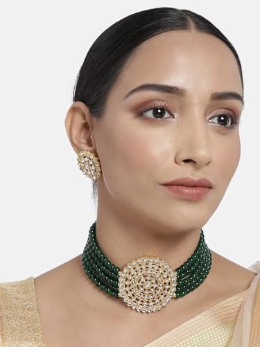 Aheli Pearl Diamond Choker Necklace & Round Earrings Gift for Women Indian Traditional Bollywood Fashion Bharatanatyam jewellery set - color: Green 3
