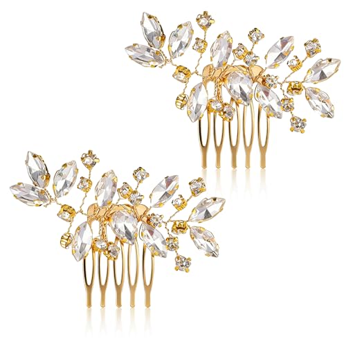 2 Pcs Bridal Hair Comb Gold Hair Piece Accessory Gold Rhinestone Hairs Accessories Golden Hairs Piece Sparkle Metal Crystal Accessories for Bride Bridesmaids Women Girls