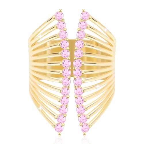 Rhinestone Butterfly Rings for Women, Cubic Zirconia Fake Diamond Adjustable Thumb Ring, Chunky Vintage Gemstone Rings, Available in Gold Plated and Silver Plated - color: Gold, Light Pink