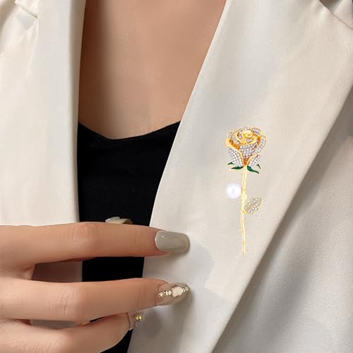 Anmpab Sparkling Rose Flower Brooch with Rhinestone Luxury Crystal Floral Pearl Pin for Women Wedding Bridal Jewelry for Blazer Dress Scarf Hat - color: Gold