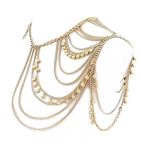 Yomiie Gold Body Chain Layered Tassels Shoulder Chain Bikini Beach Anniversary Festival for Women Uniform Dress Bikini Shoulder Accessories