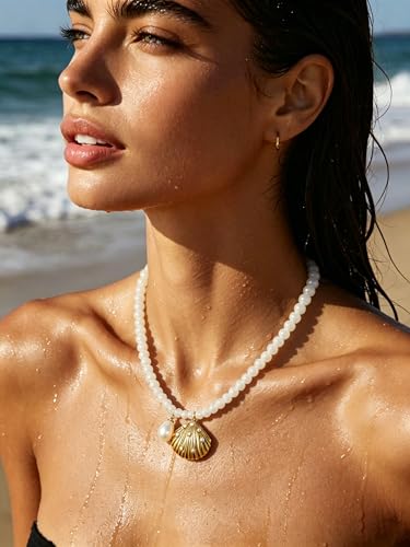 Fish Shell Necklace for Women, Beaded Necklaces Boho Statement Necklace, Pearl Necklaces Summer Beach Vacation Dress & Costume Jewelry - color: White-shell