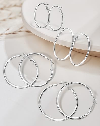 4 Pairs Gold Sliver Hoop Earrings For Women, Hypoallergenic Surgic Steel | 14K Gold Plated Stainless Steel, 30/40/50/60mm, Small Medium Large Size, Thin, Lightweight - color: 4 Pairs Silver-30/40/50/60mm