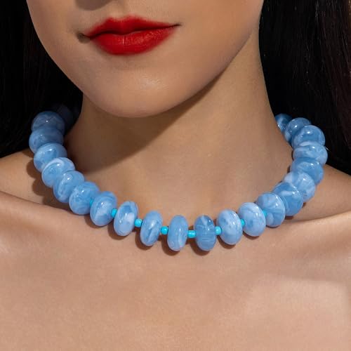 Beaded Necklace for Women Statement Chunky Necklace Boho Bead Choker Acrylic Big Bead Necklaces Summer Beach Jewelry for Women - color: Blue