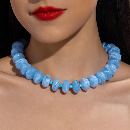 Beaded Necklace for Women Statement Chunky Necklace Boho Bead Choker Acrylic Big Bead Necklaces Summer Beach Jewelry for Women - color: Blue