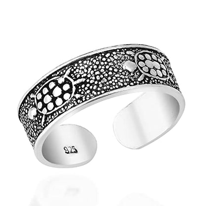 AeraVida .925 Sterling Silver Adjustable Toe Ring or Pinky Ring 5mm Wide Open Band, Stackable Minimalist Summer Foot Jewelry | Sun Moon Star Turtle Butterfly Leaf Olive Branch Ocean Wave Yin Yang Design - style: Turtle