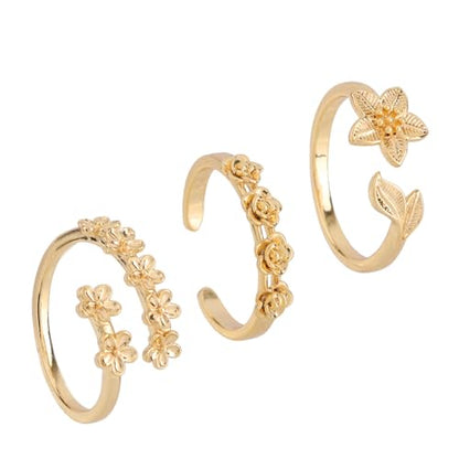 Mikovivi 3 Pcs Flower Toe Rings for Women, Gold-Tone Open Adjustable Band Toe Rings Set Bohemian Summer Beach Foot Jewelry Accessories