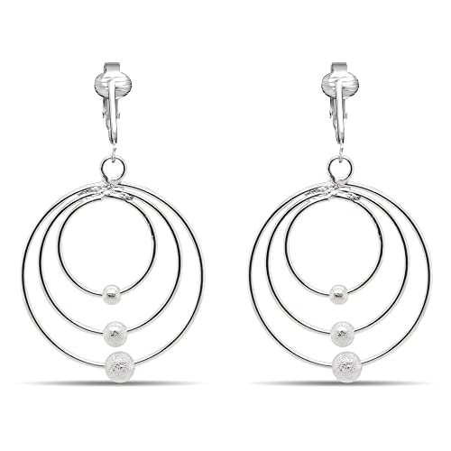 Silver Clip On Earrings For Women, They Look Pierced, Don't Pinch & Won't Fall Off, Hypoallergenic & Lightweight - color: Silver Triple Beaded Hoops