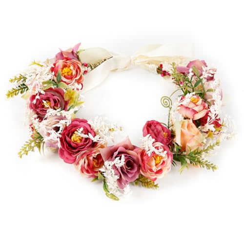 Rose Flower Crown Women Boho Flower Headband Hair Wreath Floral Headpiece with Ribbon Flower Leaves Crown for Wedding Festival Party Photos - color: Rose Flower Crown