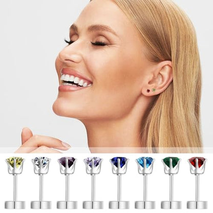 Birthstone Stud Earrings | Hypoallergenic, Brilliant Cut Round Cubic Zirconia, Flat Back, Surgical Steel, For Sensitive Ears - style: Mar Aquamarine