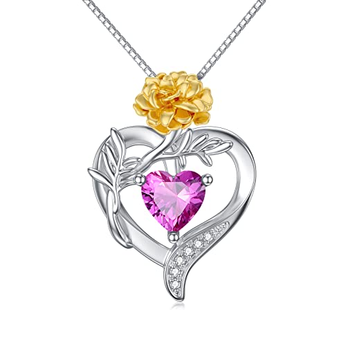 TOUPOP Birth Flower Necklace 925 Sterling Silver Heart Birthstone Pendant Necklaces Birth Month Floral Jewelry Birthday Valentines Day Mothers Day Gifts for Women Wife Mom - style: 10-October-Marigold