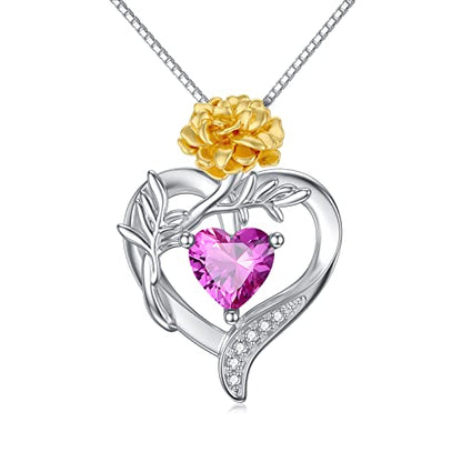 TOUPOP Birth Flower Necklace 925 Sterling Silver Heart Birthstone Pendant Necklaces Birth Month Floral Jewelry Birthday Valentines Day Mothers Day Gifts for Women Wife Mom - style: 10-October-Marigold
