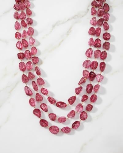 Triple Strand Pink Crackle Bead Necklace for Women Layered Statement Jewelry with Gold Tone Clasp Elegant Necklace