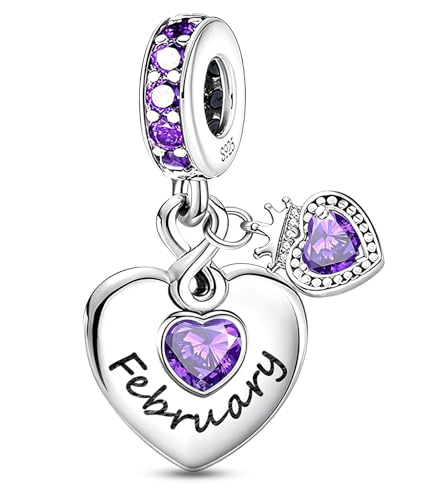BLUELUNE Birthstone Charms, 925 Sterling Silver Dangle Charm with 5A Cubic Zirconia for Bracelets or Necklaces, Birthday, Mother's Day Present for Women - color: February