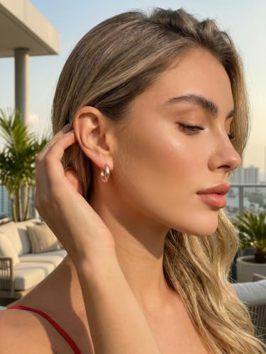 Bestyle Gold Huggies Earrings for Women Hypoallergenic 925 Sterling Silver Post Huggie Hoop Earrings Thick Lightweight Small Hoop Earrings 8/10/12/14mm - color: Rose Gold, size: 14mm