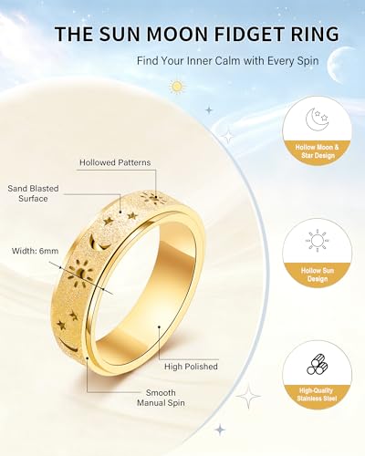 Fidget Toys Adults Anxiety Ring Women Men Stress Relief Band Spinner Sun | Celestial Sun Moon Star Stainless Steel Band Hollowed Sandblasted Surface 6mm Width18K Gold Silver Size 6-10 Unisex - color: Gold, size: Size 8