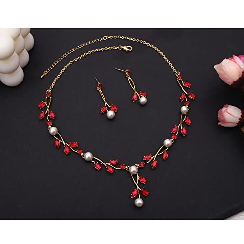 Luxury Cubic Zirconia Aurtrian Crystal Pearl Floral Necklace Dangle Earrings Wedding Bridal Jewelry Set Birthday Gifts for Her - color: Style02-Siam-Gold Plated