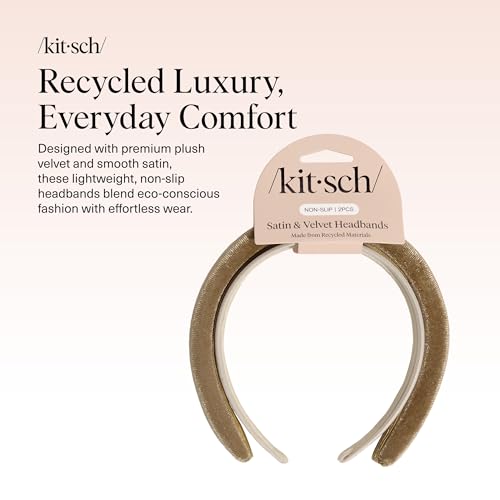 Kitsch Velvet & Satin Headbands for Women - Non Slip, Soft and Lightweight - Stylish Headbands for Girls with Chic Neutral Shades - Cream & Camel, 2pc Set - color: Cream & Camel