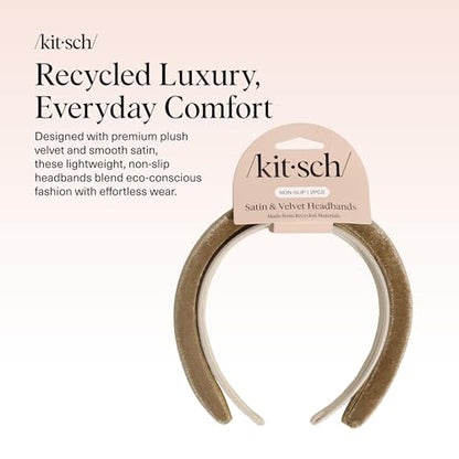 Kitsch Velvet & Satin Headbands for Women - Non Slip, Soft and Lightweight - Stylish Headbands for Girls with Chic Neutral Shades - Cream & Camel, 2pc Set - color: Cream & Camel