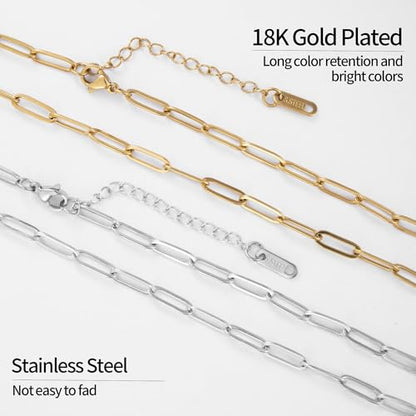 16 Pack 4mm 18K Gold Plated Paperclip Charm Necklace Chains Bulk for Jewelry Making 18Inch 18K Gold Plated and Stainless Steel Necklace Chain with 2 Inch Extension Chain for Women - color: 16 PCS 18K Gold+Silver