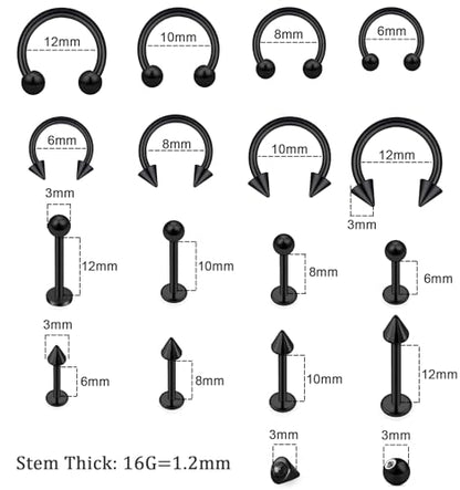 32PCS 16G Lip Rings Surgical Steel Snake Bite Jewelry Labret Jewelry Monroe Lip Barbell Ring Daith Tragus Helix Piercing Jewelry for Women Men 6mm/8mm/10mm/12mm