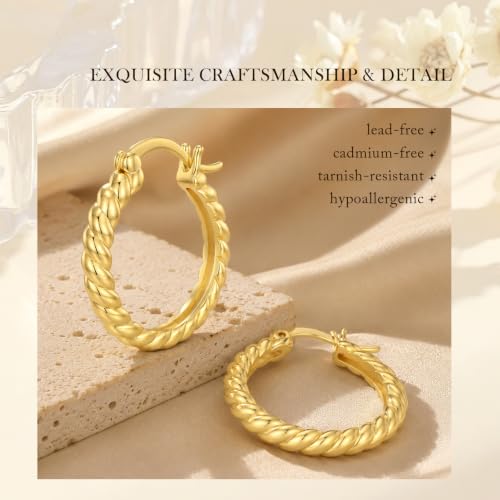 14K Gold Hoop Earrings for Women Thick Large Earrings Lightweight | Gold Plated Huggie Earrings for Women Hypoallergenic (with Gift Box) - color: Twisted-25MM
