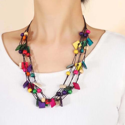 Boho Necklace for Women Long Layered Wooden Leather Leaf Pendant Statement Necklace Vintage Boho Jewelry - style: Square A