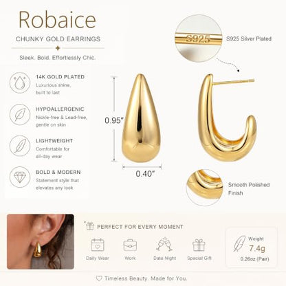 Robaice Chunky Huggie Earring for Women，14K Gold Plated Hoop Earrings | Gold Huggie 925 Sterling Silver Post Earrings, Statement Trendy Hoop Earring，Fashion Lightweight Jewelry Gifts for Women - color: Gold-G