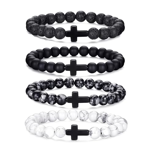 Mens Beaded Bracelets Set 8MM Tiger Eye Lava Stone Stretch Natural Stone Men's Bead Bracelet Mens Bracelet - color: 4,Cross-Bracelet-B