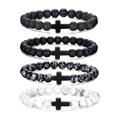 Mens Beaded Bracelets Set 8MM Tiger Eye Lava Stone Stretch Natural Stone Men's Bead Bracelet Mens Bracelet - color: 4,Cross-Bracelet-B