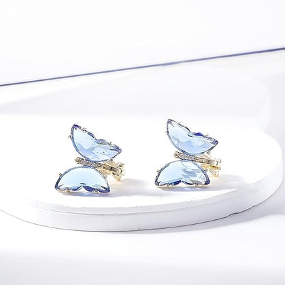 YOQUCOL Butterfly Shape Crystal Clip On Earrings Non Pierced Golden Stud for Women - color: Blue