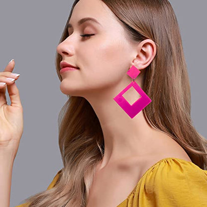 Lightweight Unique 80s Retro Acrylic Dangle Earrings Geometric square Neon Drop Dangle Earrings for Women Girls Party Costume Accessory