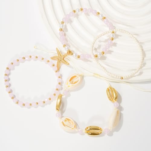 LALAPPLE Shell Bracelet Boho Beaded Stretch Bracelets for Women Seashell Strand Bracelets Starfish Charm Jewelry Summer Beach Jewelry Stackable Crystal Gold Plated Beads Bracelet for Women - style: T-Style2