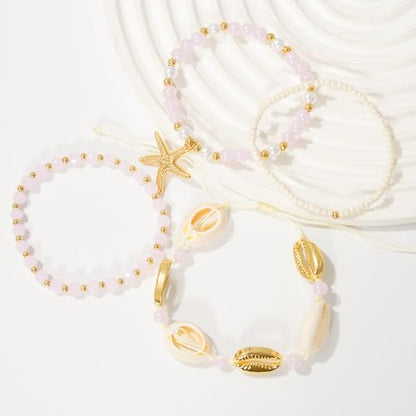 LALAPPLE Shell Bracelet Boho Beaded Stretch Bracelets for Women Seashell Strand Bracelets Starfish Charm Jewelry Summer Beach Jewelry Stackable Crystal Gold Plated Beads Bracelet for Women - style: T-Style2