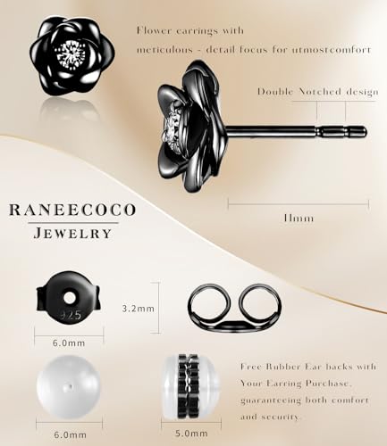 Gold Plated Sterling Silver Rose Flower Earring Studs, Hypoallergenic & Nickel Free Earrings for Women - color: Black Gold Plated Silver, size: 9.0 Millimeters