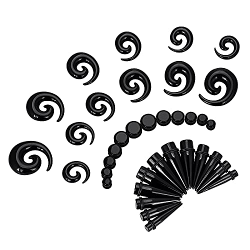 Qmcandy 00G-20mm Ear Stretching Kit 36PCS Big Gauge Taper Kit Large Acrylic Tunnel Plug Spiral Set - color: 36pcs, Black