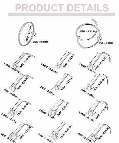 21PCS 18G 20G 22G 316L Stainless Steel Nose Rings Hoop for Women Men Double Nose Ring CZ Nose Stud Piercing Jewelry - color: 20G-Sliver tone