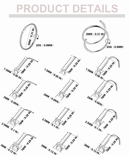 21PCS 18G 20G 22G 316L Stainless Steel Nose Rings Hoop for Women Men Double Nose Ring CZ Nose Stud Piercing Jewelry - color: 20G-Sliver tone