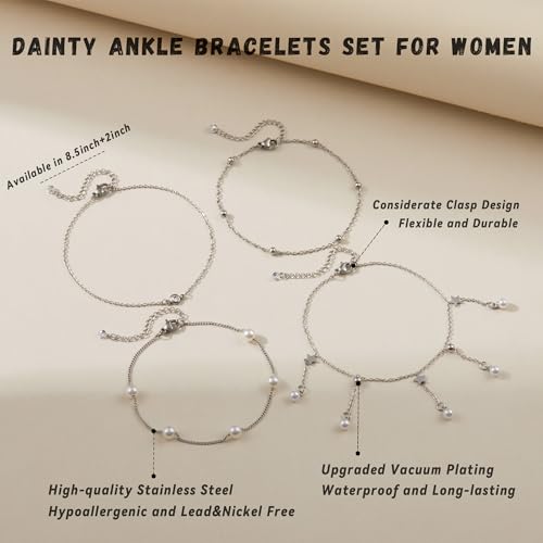 LOFITOR Anklets for Women Ankle Bracelet Charm Link Chain Set Foot | Waterproof Dainty Cz Evil Eye Beaded Anklets Adjustable Beach Foot Jewelry Feet Chains, Summer Beach Foot Jewelry Gifts - style: Pearl Silver