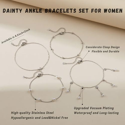 LOFITOR Anklets for Women Ankle Bracelet Charm Link Chain Set Foot | Waterproof Dainty Cz Evil Eye Beaded Anklets Adjustable Beach Foot Jewelry Feet Chains, Summer Beach Foot Jewelry Gifts - style: Pearl Silver