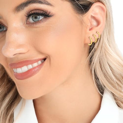 3 Pairs 925 Sterling Silver Small Huggie Hoop Earrings for Women Men | 14K White Gold Plated, Hypoallergenic, Small Silver Hoops - color: J-Gold 3Pairs 8mm